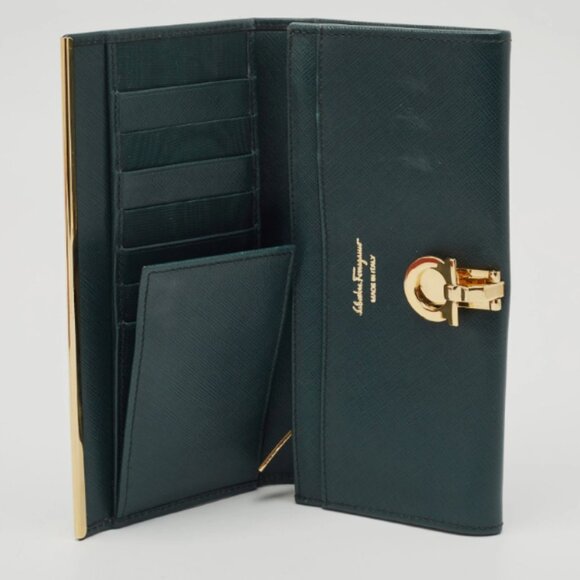Salvatore Ferragamo GreenLeather Gancio Clasp Continental Wallet Authentic w/Box - Picture 3 of 7